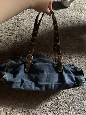 Miu Miu Dark Blue Denim Shoulder Bag with Brown Leather Straps